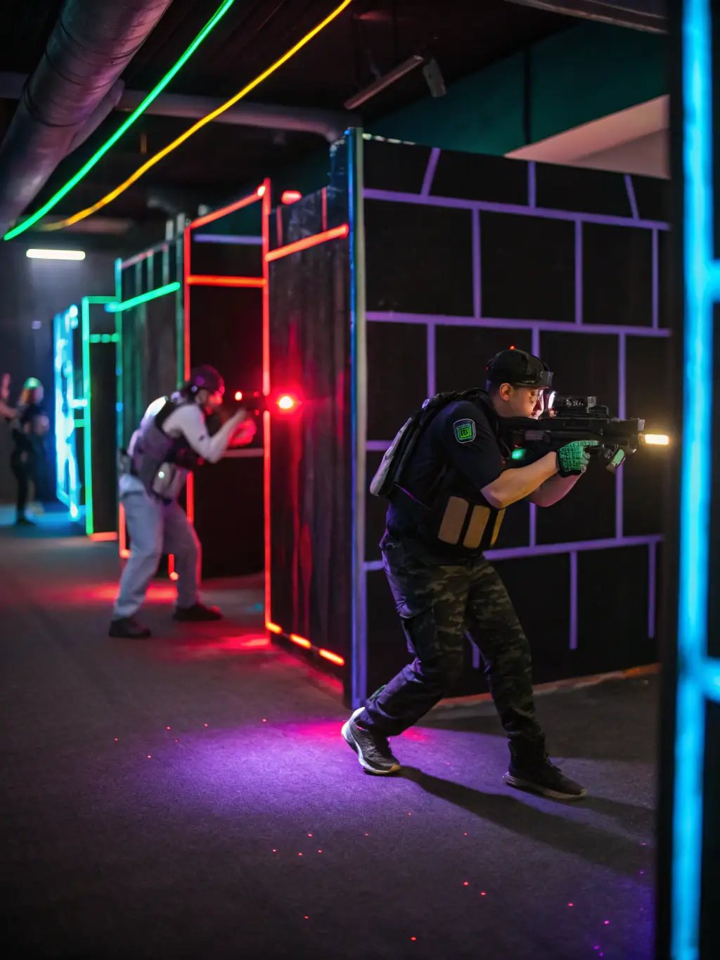 A dynamic shot of two ShowPlink competitors dodging laser fire in a neon-lit arena, showcasing the fast-paced action of Episode 3.